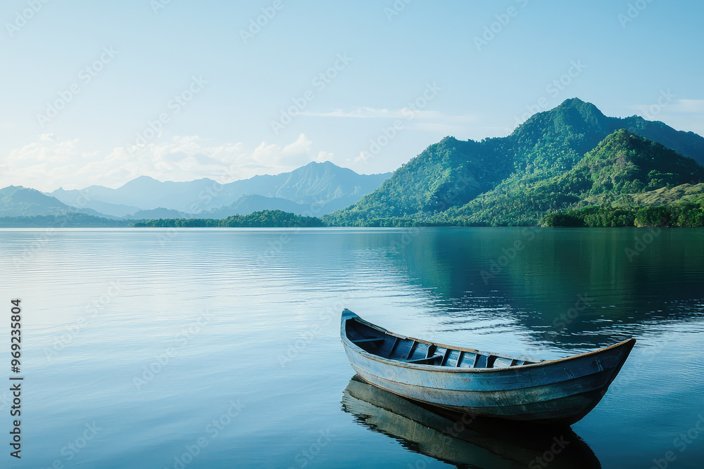 Obraz premium A serene paradise scene with small boat anchored in calm waters