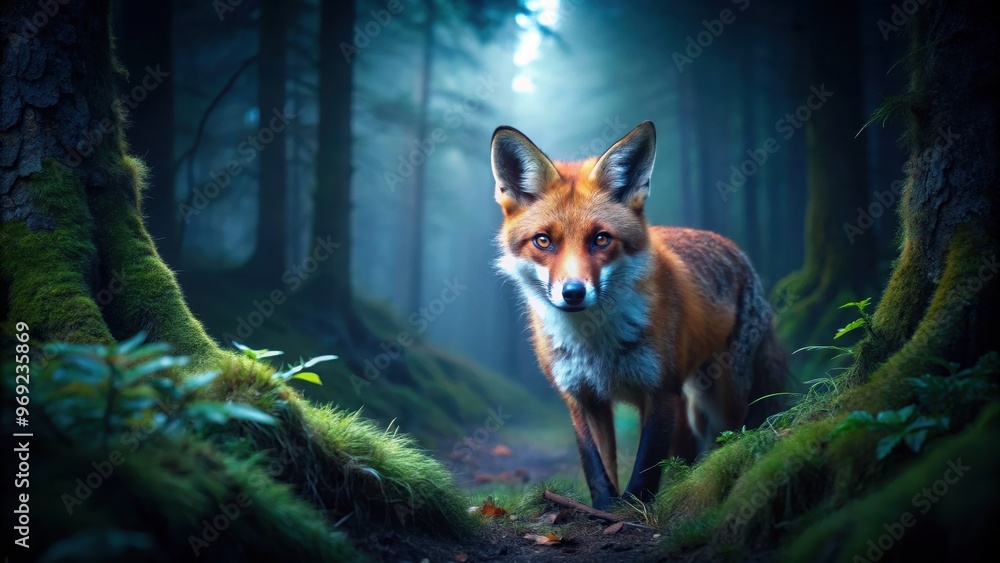Naklejka premium Fox sneaking through the dark night forest, mysterious, wildlife, nocturnal, predator, stealth, nature, animal, wilderness