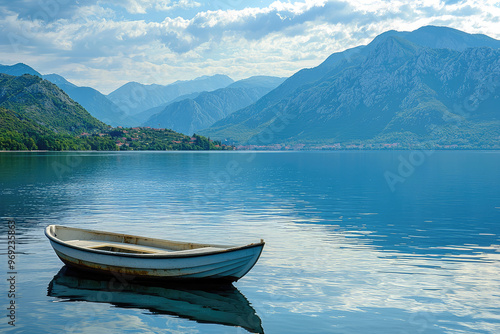 A serene paradise scene with small boat anchored in calm waters