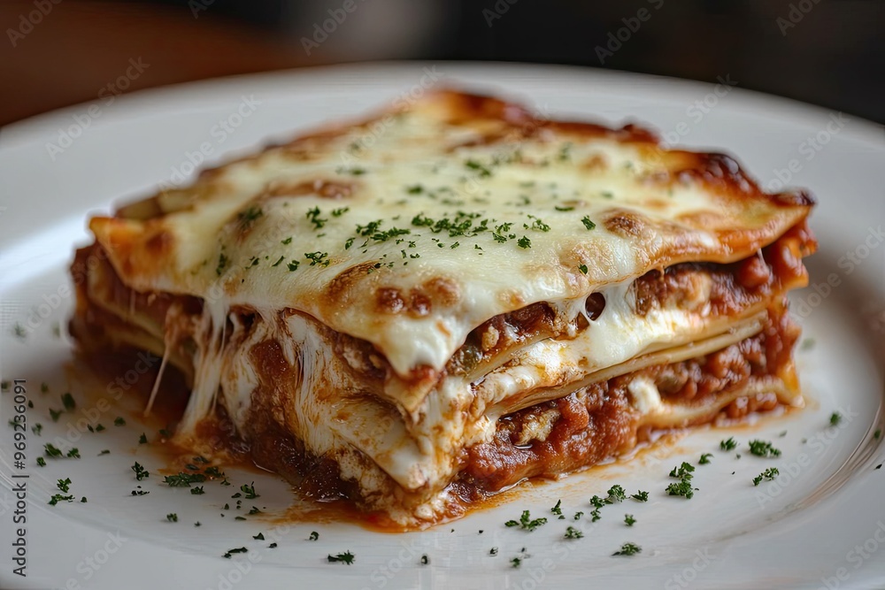 A hearty slice of homemade lasagna with melted cheese oozing from the layers