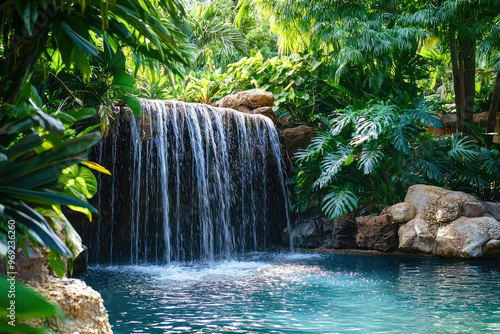 A serene paradise scene with small waterfall cascading into tranquil pool