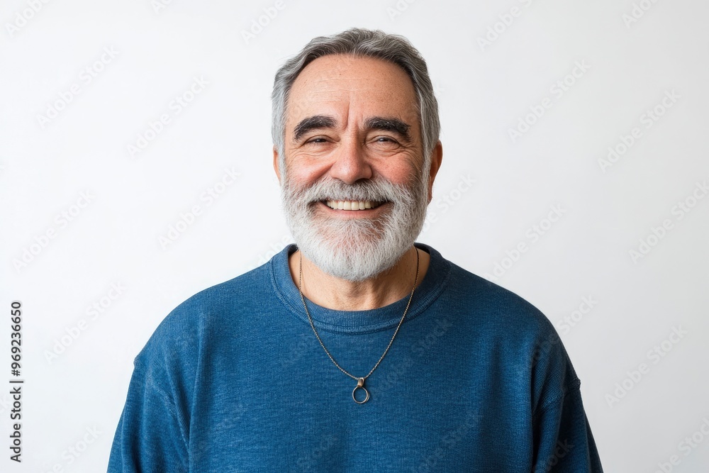 Happy mature old bearded man with dental smile, cool mid aged gray haired older senior hipster wearing blue sweatshirt standing isolated on white background looking at camera, with generative ai Happy mature old bearded man with dental smile, cool mid aged gray haired older senior hipster wearing blue sweatshirt standing isolated on white background looking at camera, with generative ai