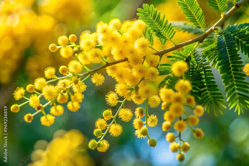 Close-up of vibrant yellow mimosa flowers in bloom. Close-up of vibrant yellow mimosa flowers in bloom.
