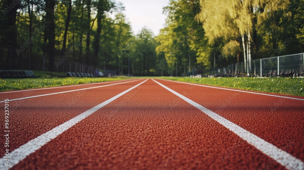A pristine red running track with clearly marked lanes, awaiting athletes at a professional sports venue. A pristine red running track with clearly marked lanes, awaiting athletes at a professional sports venue.