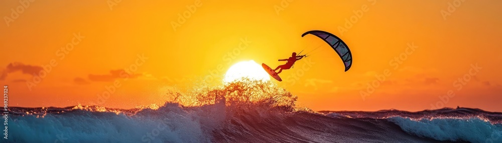 A silhouette of a kite surfer catching air over the ocean, with waves crashing below and the sun setting on the horizon A silhouette of a kite surfer catching air over the ocean, with waves crashing below and the sun setting on the horizon