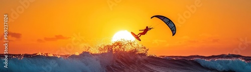A silhouette of a kite surfer catching air over the ocean, with waves crashing below and the sun setting on the horizon