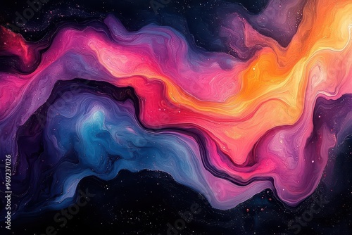 mesmerizing abstract fluid art featuring swirling iridescent colors in motion creating a holographic effect with smooth gradients and organic curves on a deep black background