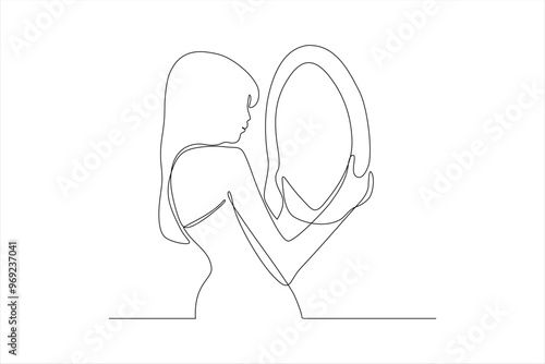 beautiful woman looking in mirror continuous line vector illustration