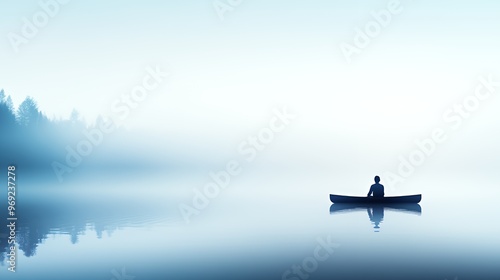 A single person rows a canoe across a still lake with fog in the background and a clear blue sky.