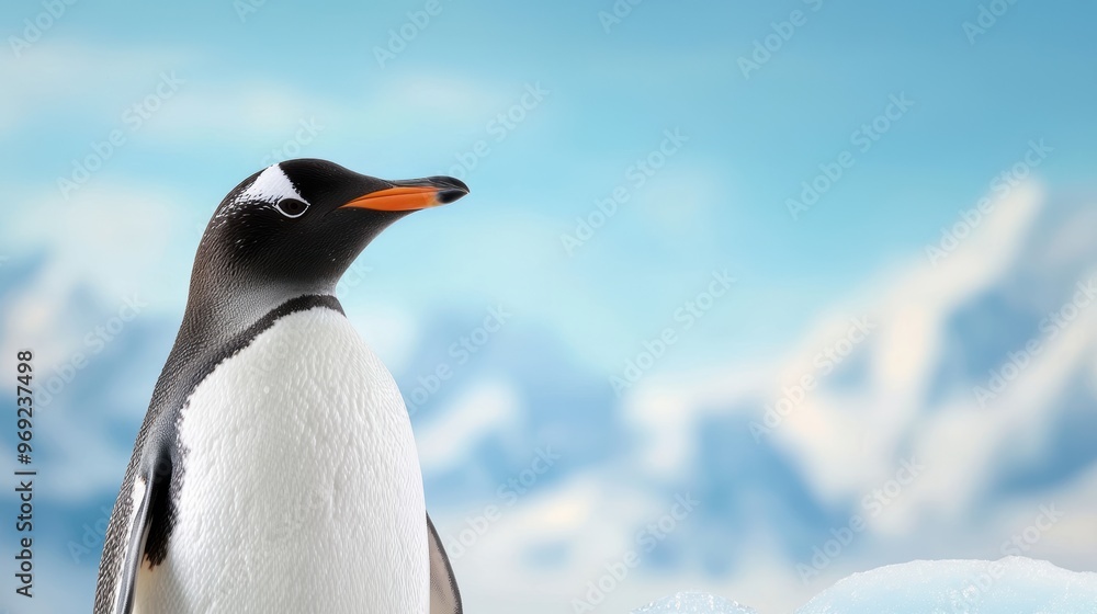 Fototapeta premium A penguin is standing on a snowy mountain