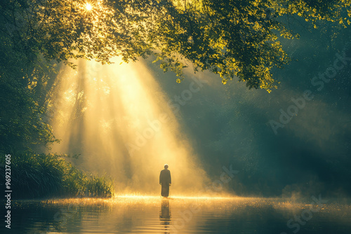 A serene scene of Gods presence in persons life, illuminated by sunlight photo