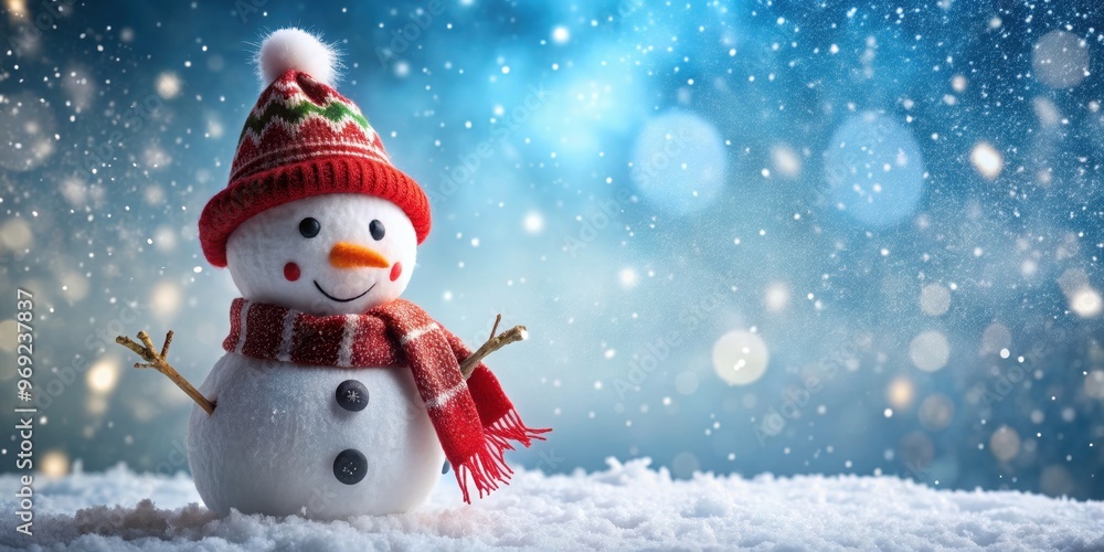 Fototapeta premium Snowman dressed in merry attire on the right side with snow falling in the background, snowman, merry, dressed, snow
