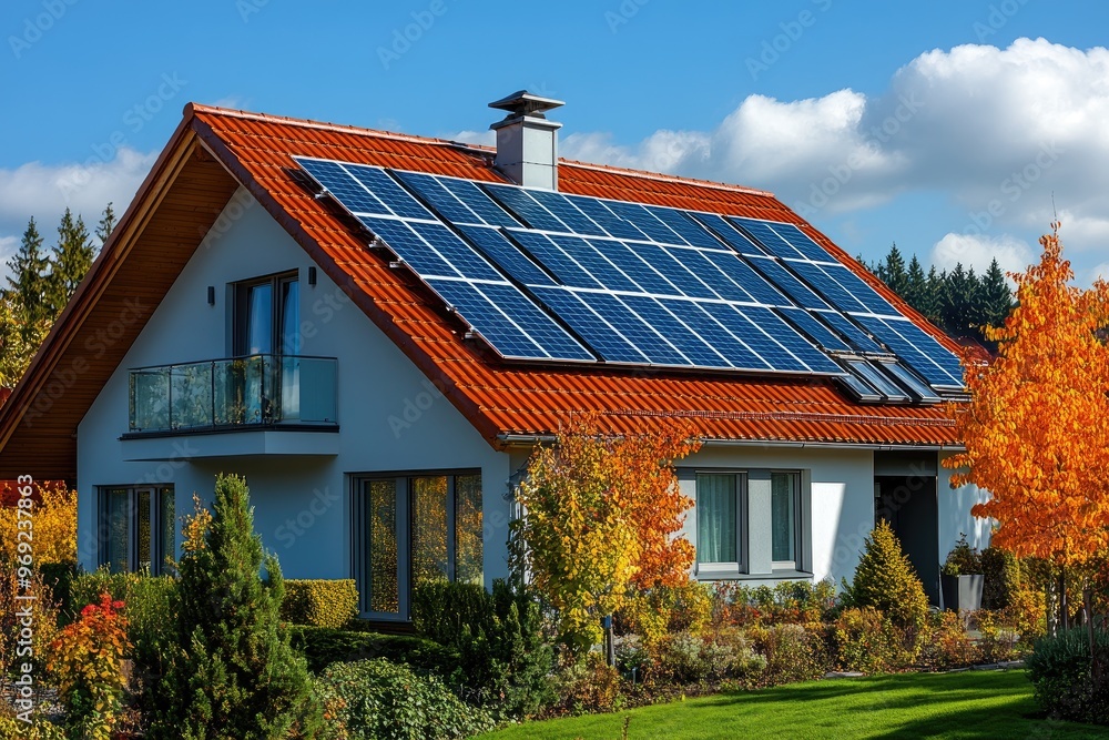Modern house with solar panels on roof. Perfect for illustrating concepts of renewable energy, sustainable living, and green technology. Modern house with solar panels on roof. Perfect for illustrating concepts of renewable energy, sustainable living, and green technology.