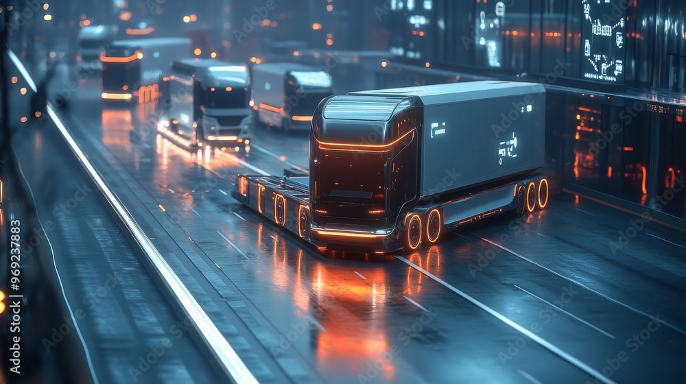 Self-driving delivery trucks operating in a smart city: Fully autonomous trucks on the road, delivering goods. Self-driving delivery trucks operating in a smart city: Fully autonomous trucks on the road, delivering goods.