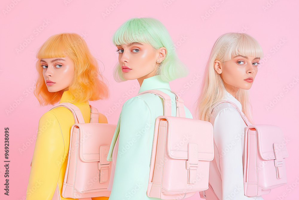 High-fashion editorial featuring three teenage girls with pastel-colored backpacks and vibrant hair. A striking trio showcasing modern fashion with a pastel aesthetic. High-fashion editorial featuring three teenage girls with pastel-colored backpacks and vibrant hair. A striking trio showcasing modern fashion with a pastel aesthetic.