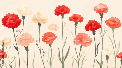 Delicate carnations in shades of red and cream create vintage floral theme, evoking sense of nostalgia and beauty. elegant arrangement showcases charm of these lovely flowers