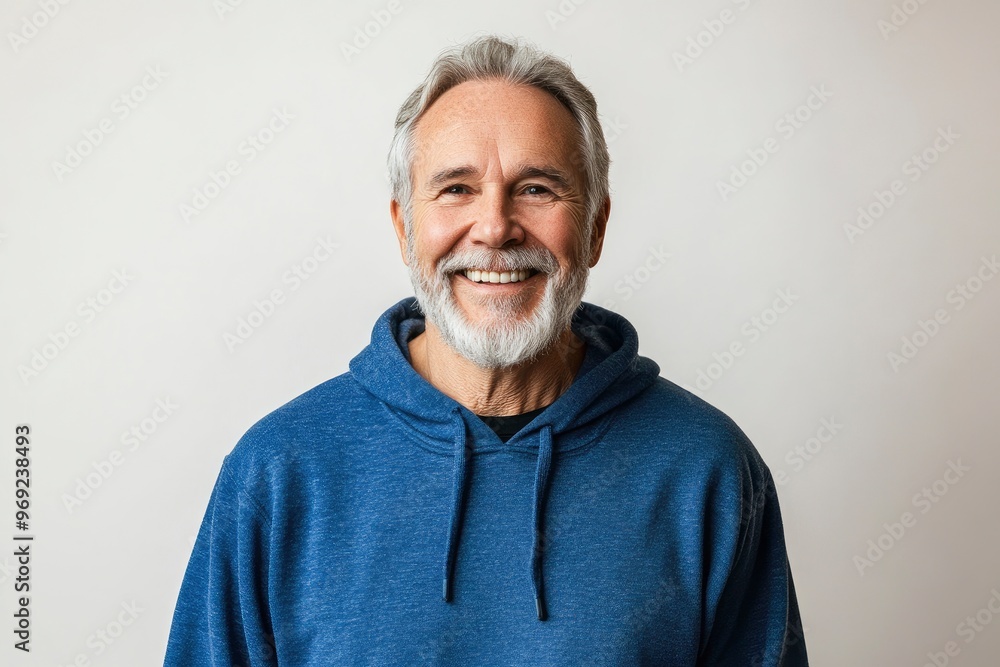 Obraz premium Happy mature old bearded man with dental smile, cool mid aged gray haired older senior hipster wearing blue sweatshirt standing isolated on white background looking at camera, with generative ai