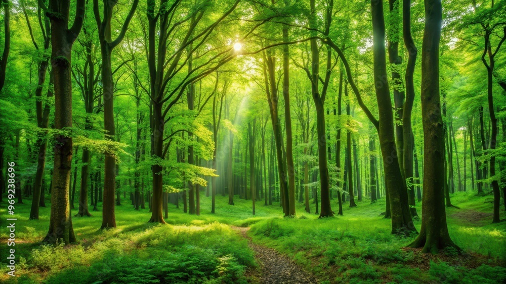 Lush green trees in a dense forest, nature, landscape, foliage, woodland, outdoors, environment, growth, lush, serene Lush green trees in a dense forest, nature, landscape, foliage, woodland, outdoors, environment, growth, lush, serene
