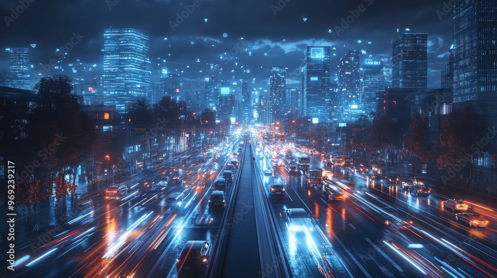 Fototapeta premium Futuristic AI-driven smart cities with dynamic street lighting and traffic management: City streets where AI adjusts lighting and traffic patterns based on real-time conditions.