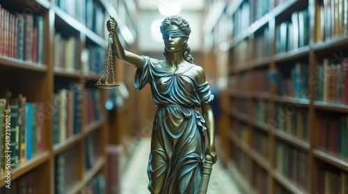 Symbol of Justice: A Blindfolded Statue in a Law Library Representing the Legal System