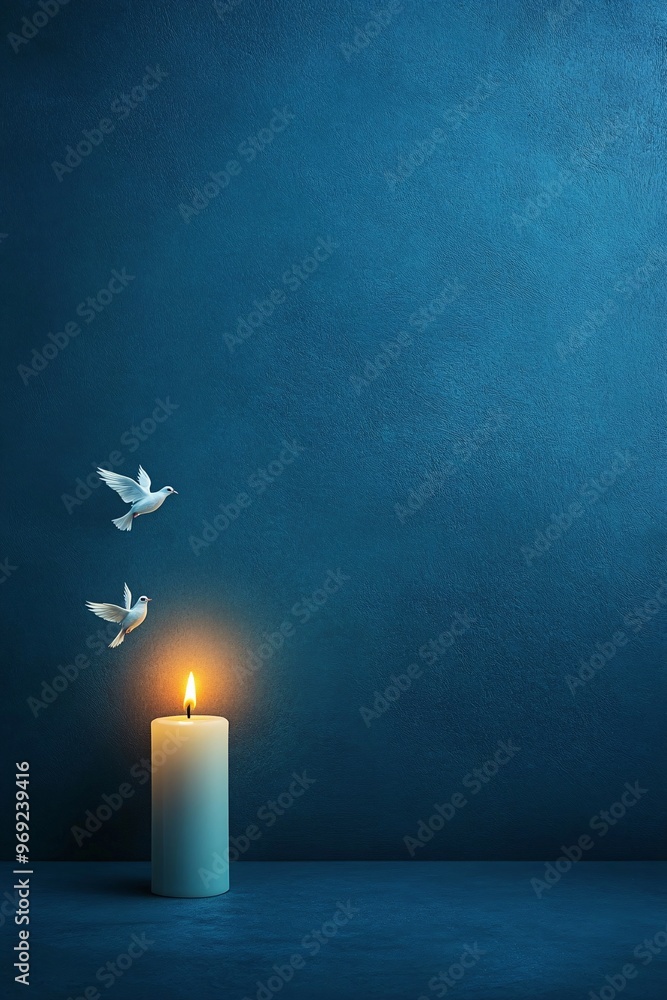 two white doves flying near a lit candle on a blue background two white doves flying near a lit candle on a blue background