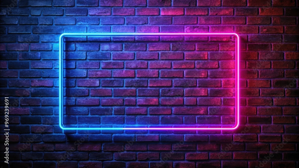 Neon light rectangle on brick wall in dimly lit room creating moody ambiance, neon, light Neon light rectangle on brick wall in dimly lit room creating moody ambiance, neon, light