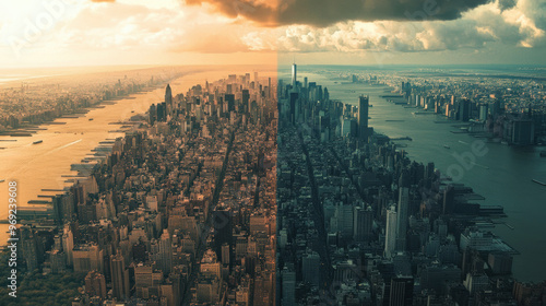 Wallpaper Mural image showcases cityscape divided by contrasting economic policy lines, highlighting stark differences in urban development and environment. left side features vibrant, bustling area, while right sid Torontodigital.ca