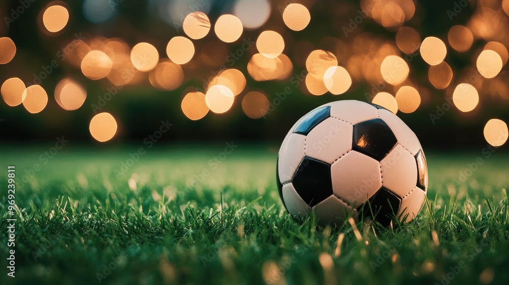 Fototapeta premium A soccer ball resting on fresh green grass with beautiful bokeh lights in the background, creating a lively sports scene.