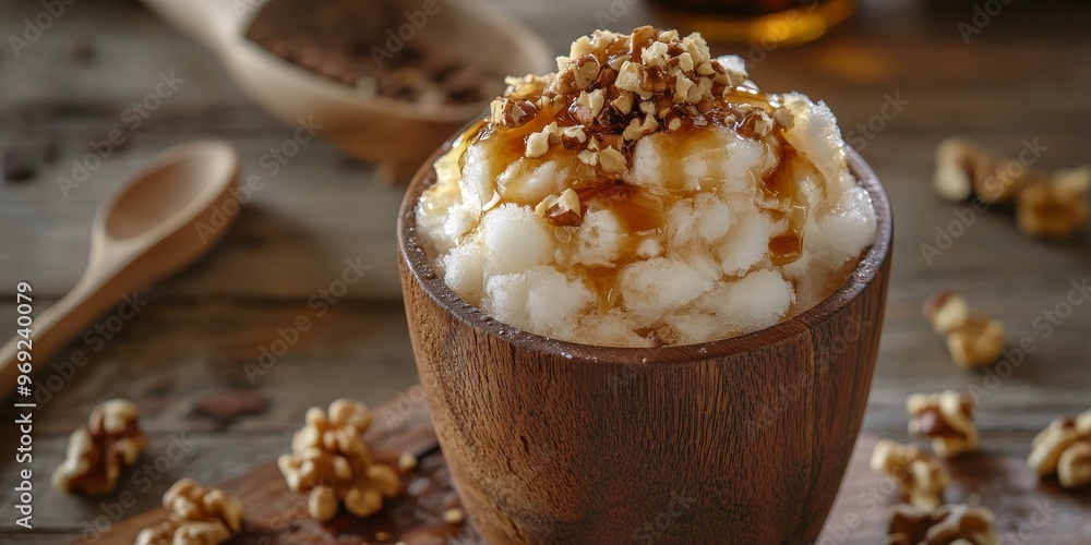 Shaved ice dessert with walnuts and honey. Shaved ice dessert with walnuts and honey.