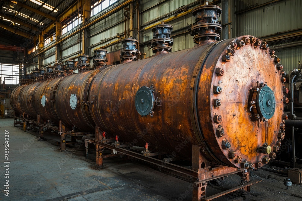 Row of Rusty Industrial Cylinders in a Factory Row of Rusty Industrial Cylinders in a Factory