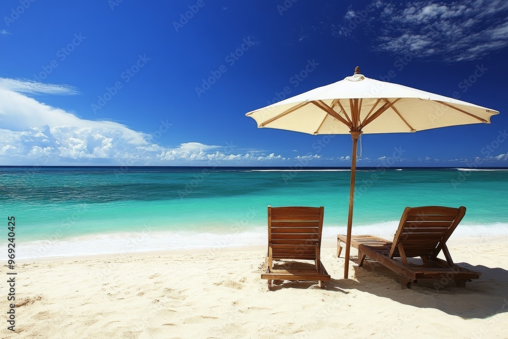 Relaxing Beach Scene with Two Chairs and an Umbrella Relaxing Beach Scene with Two Chairs and an Umbrella