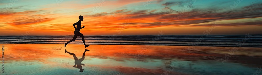 A silhouette of a runner in motion, with legs extended mid-stride as they race across a beach at sunset A silhouette of a runner in motion, with legs extended mid-stride as they race across a beach at sunset