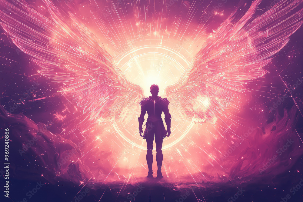 A stunning illustration of Archangel Michael with vibrant wings and glowing aura A stunning illustration of Archangel Michael with vibrant wings and glowing aura