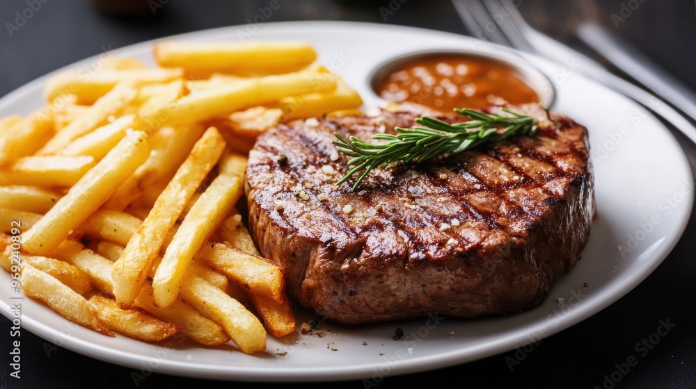 Grilled steak accompanied by golden fries on a dish. Grilled steak accompanied by golden fries on a dish.