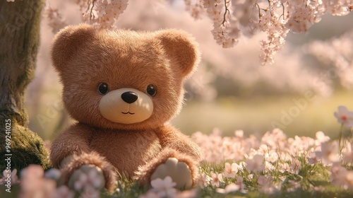Teddy bear enjoying the blooming beauty of spring.