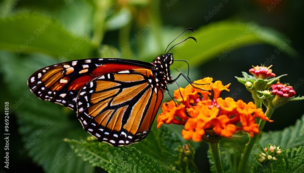 A detailed close-up captures a monarch butterfly delicately perched on bright orange flowers, with the intricate patterns of its wings beautifully displayed. The vibrant colors of the butterfly and A detailed close-up captures a monarch butterfly delicately perched on bright orange flowers, with the intricate patterns of its wings beautifully displayed. The vibrant colors of the butterfly and