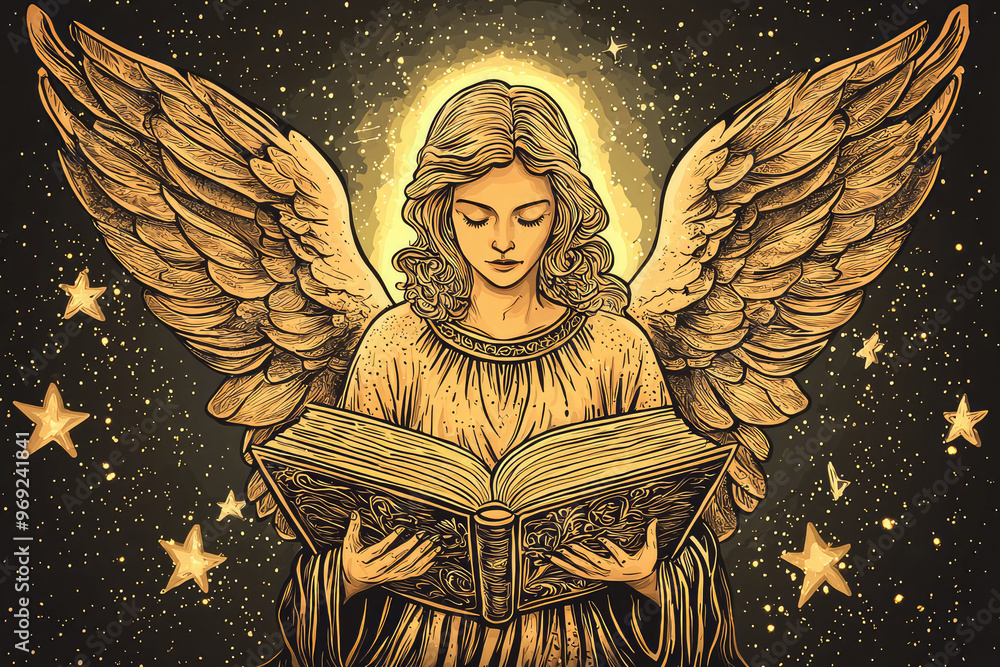 A serene angel with golden wings reads book under starry sky A serene angel with golden wings reads book under starry sky