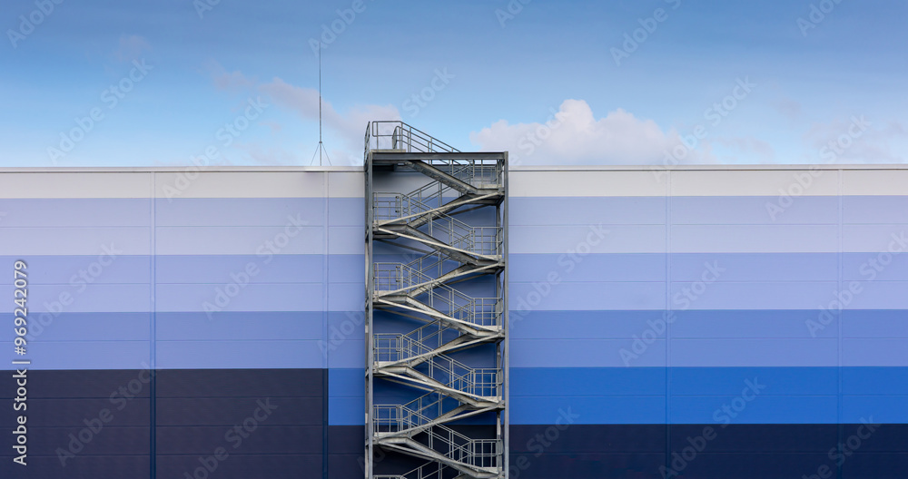 External, evacuation staircase outside the industrial hall made of sandwich panels. Photo taken on a sunny day