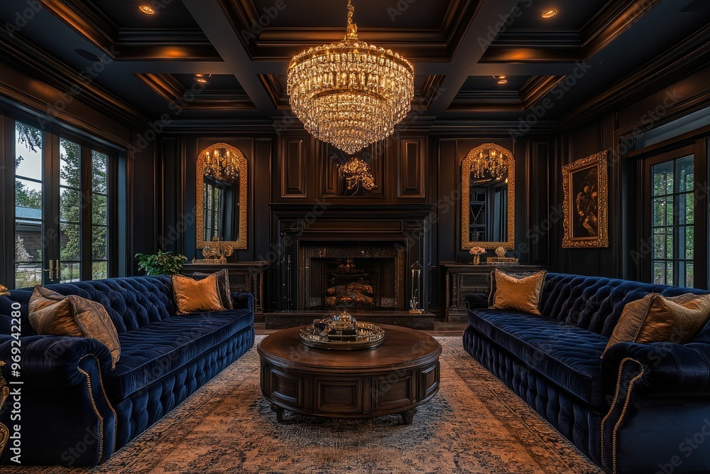 Fototapeta premium Elegant living room with dark decor, chandelier, and plush seating.