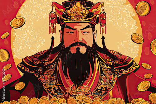 A simple illustration of Chinese god of wealth, Cai Shen, surrounded by coins photo