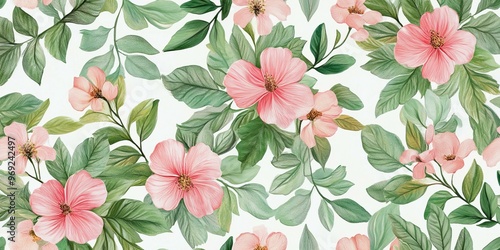 Pink flowers and green leaves on white background.