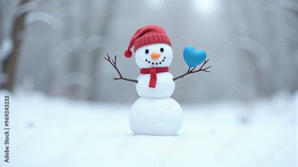 a snowman with a red hat and a blue heart on it a snowman with a red hat and a blue heart on it