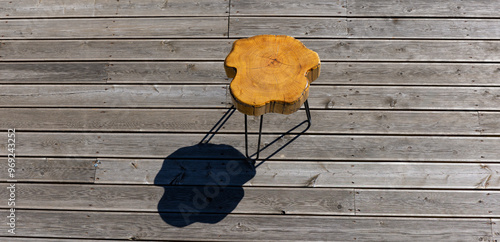 Obraz na płótnie A coffe table made of a light wood trunk against the background of wooden terrace boards. The tree rings of the trunk are clearly visible. A shot of the table from above, taken on a sunny day. w salonie