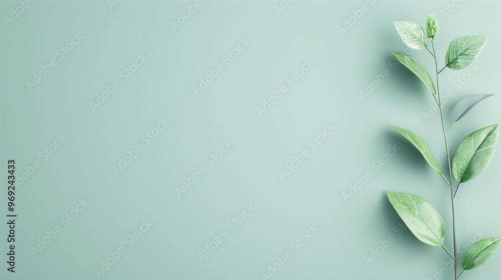 Botanical Serenity, a single green stem with lush leaves gracefully positioned against a soft mint background, evoking tranquility and natural beauty. Botanical Serenity, a single green stem with lush leaves gracefully positioned against a soft mint background, evoking tranquility and natural beauty.