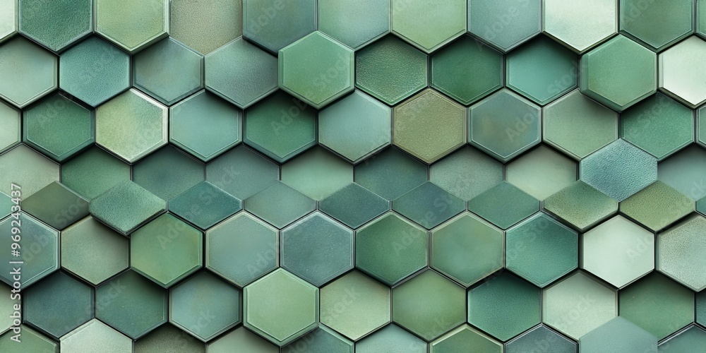 Green hexagonal tiles in an abstract pattern. Green hexagonal tiles in an abstract pattern.