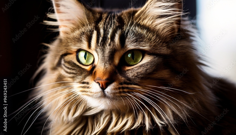 A detailed close-up of a Maine Coon cat showcasing its expressive green eyes and luxurious fur. The cat's alert expression is captured beautifully, highlighting its majestic and regal appearance A detailed close-up of a Maine Coon cat showcasing its expressive green eyes and luxurious fur. The cat's alert expression is captured beautifully, highlighting its majestic and regal appearance