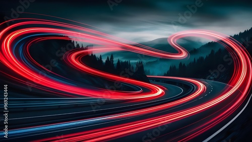 Wave Motion Speed with Red and Blue Lighting: Dynamic Curved Light Trails Representing a Highway Cutting Through Forested Mountains