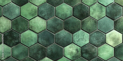 Green hexagonal tiles in a pattern. © jambulart