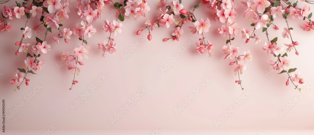 Delicate Blossoms Over Soft Pink Background, cascading pink flowers with vibrant petals intertwining against a subtle, soothing backdrop, creating a serene floral ambiance. Delicate Blossoms Over Soft Pink Background, cascading pink flowers with vibrant petals intertwining against a subtle, soothing backdrop, creating a serene floral ambiance.