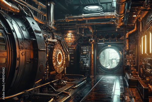 Steampunk inspired airship engine room with intricate machinery and pipes photo